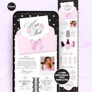 May include: A digital template for a hair business website featuring a black background with pink polka dots, a pink envelope with a bow, and the text Hair Vault. The layout includes sections for business hours, contact information, and client photos.