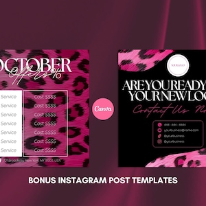 May include: Two Instagram post templates with a pink leopard print background. One template says "OCTOBER Offers" with a list of services and costs. The other says "ARE YOU READY FOR YOUR NEW LOOK? Contact Us Now!"