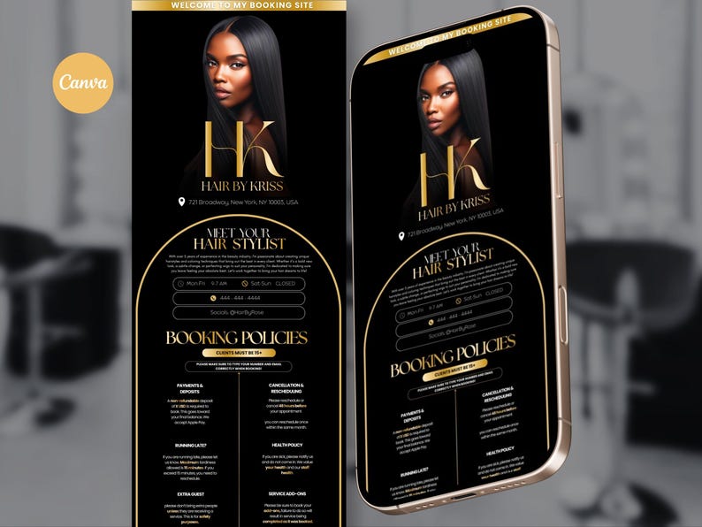 K&ouml;nnte beinhalten: Eine digitale Werbeanzeige in Schwarz und Gold f&uuml;r einen Friseursalon, "Hair by Kriss", die auf einem Telefon angezeigt wird. Die Werbung zeigt eine Frau mit langen, glatten schwarzen Haaren. Der Text enth&auml;lt Buchungsinformationen und Richtlinien.