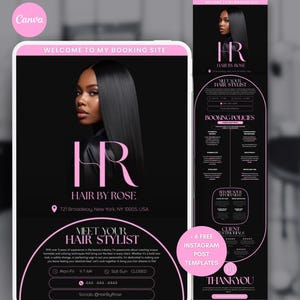 Puede incluir: Anuncio digital de "Hair by Rose" con una mujer de pelo largo y negro liso. El diseño es negro y rosa, con información de contacto y detalles de reserva. Incluye "6 PLANTILLAS DE PUBLICACIÓN DE INSTAGRAM GRATUITAS".