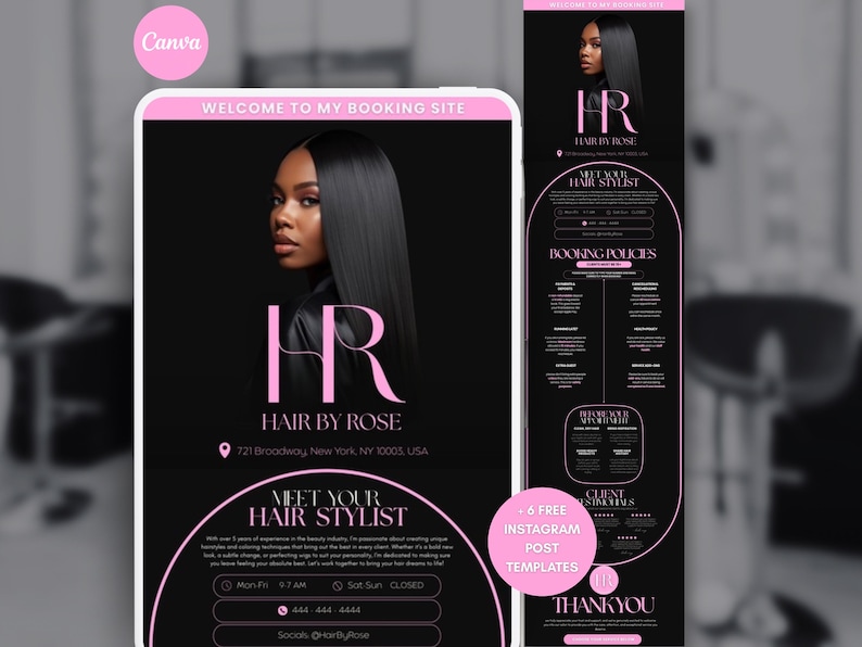 Pode incluir: An&uacute;ncio digital para "Hair by Rose" com uma mulher de cabelo comprido e preto liso. O design &eacute; preto e rosa, com informa&ccedil;&otilde;es de contato e detalhes de reserva. Inclui "6 MODELOS DE POSTAGEM DO INSTAGRAM GRATUITOS".