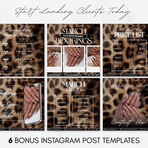 May include: Six social media post templates featuring a leopard print background. The designs include text such as Start Landing Clients Today, Available Appointments, March Bookings, Price List, Bookings are Open Babe, March Offers, and Contact Us.