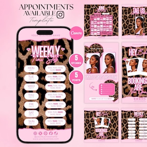Op de afbeelding: Roze en bruine social media templates met een luipaardprint ontwerp. De set bevat een telefoonscherm met een wekelijkse tijdschema, en verschillende Instagram story en post templates. Tekst bevat "Appointments Available" en "Bookings Are Now Open".