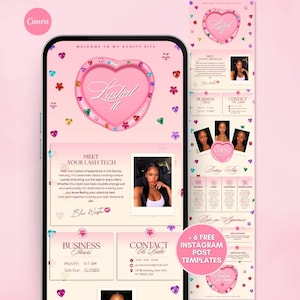 May include: A digital template for a beauty business website displayed on a smartphone screen. The design features a pink color palette with a central heart-shaped logo containing the text Lashed It, scattered colorful gems, and sections for business information, contact details, and a professional profile photo.