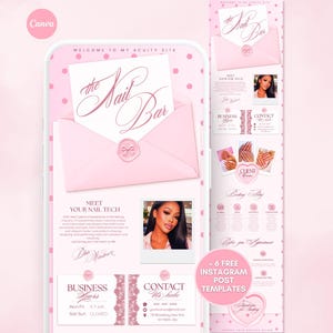 May include: A digital template for a nail salon website featuring a pink polka dot background, an envelope graphic with the text The Nail Bar, a section for a nail technician profile, business hours, contact information, and six Instagram post templates.