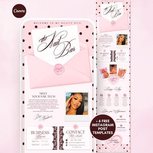 May include: A digital template for a nail salon website featuring a pink and black polka dot background. The design includes a white envelope graphic with the text The Nail Bar, a section for a nail technician profile, business hours, and contact info.
