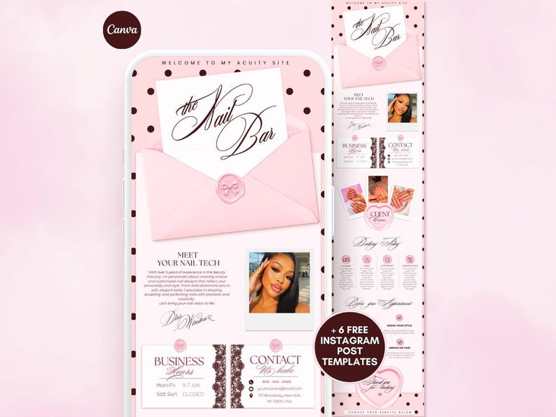 May include: A digital template for a nail salon website featuring a pink and black polka dot background. The design includes a white envelope graphic with the text The Nail Bar, a section for a nail technician profile, business hours, and contact info.