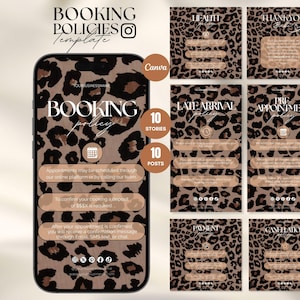 May include: A digital template set with a leopard print design. The set includes a phone screen with "Booking Policy" text and several cards with text like "Health", "Thank You", "Late Arrival", "Pre Appointment", "Payment", and "Cancellation".