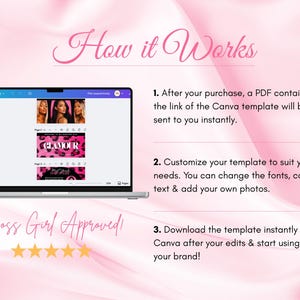 May include: A laptop screen displays a Canva template with the word "GLAMOUR" in pink and black. The text "How it Works" and "Boss Girl Approved" are also visible. Instructions detail the template's use.