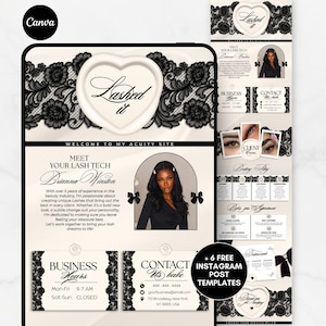 May include: A digital template for an Acuity booking site featuring a cream background with black lace floral borders and heart-shaped accents. The layout includes sections for a lash technician profile, business hours, contact info, and six Instagram templates.