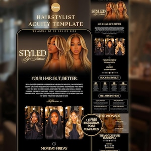 Peut inclure: Un modèle de coiffure noir et doré avec le texte "STYLED" et "YOUR HAIR BUT, BETTER". Le modèle comprend des images de coiffures et des informations sur les réservations et les pré-rendez-vous.