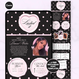 May include: A black and pink digital advertisement for a lash technician, featuring a heart-shaped logo with the text "Lashed It." The design includes a photo of the technician, contact information, and business hours. The background is black with white polka dots.