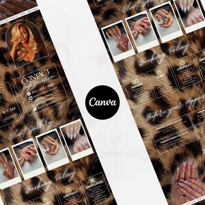 May include: A digital business flyer template featuring a leopard print background with sections for contact information, working hours, a client gallery of manicured nails, and a booking policy. The text includes headings like Contact Information, Working Hours, Client Gallery, and Booking Policy.