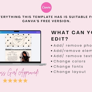 May include: A laptop displays a Canva template with the text "Nailed It" in a heart shape. The screen shows a design with black polka dots and a photo. Text on the screen says "Meet Your Name Rich". Pink background with text "Everything this template has is suitable for Canva's free version."