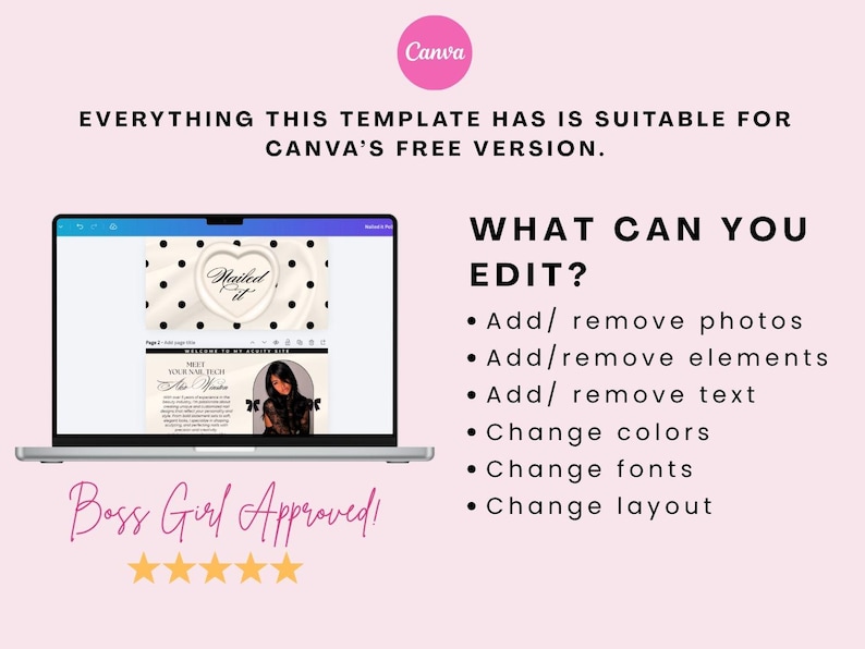 May include: A laptop displays a Canva template with the text "Nailed It" in a heart shape. The screen shows a design with black polka dots and a photo. Text on the screen says "Meet Your Name Rich". Pink background with text "Everything this template has is suitable for Canva's free version."