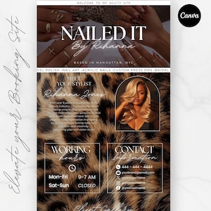 May include: A promotional graphic for a nail salon, featuring the text "NAILED IT By Rihanna" and information about services like gel polish and acrylic nails. The design includes a photo of manicured hands and a woman with blonde hair.
