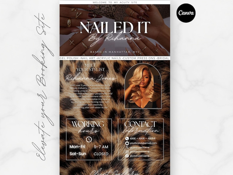 May include: A promotional graphic for a nail salon, featuring the text "NAILED IT By Rihanna" and information about services like gel polish and acrylic nails. The design includes a photo of manicured hands and a woman with blonde hair.