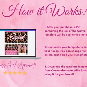 May include: A laptop displays a Canva template with a leopard print background and the word "Styled." Text on a pink background explains the template's use. The phrase "Boss Girl Approved!" and stars are also visible.