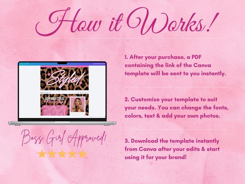 May include: A laptop displays a Canva template with a leopard print background and the word "Styled." Text on a pink background explains the template's use. The phrase "Boss Girl Approved!" and stars are also visible.