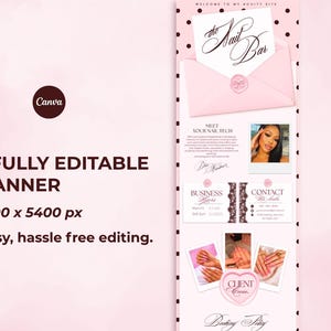 May include: A digital banner template for a nail salon featuring a pink envelope with the text The Nail Bar, sections for a technician profile, business hours, contact information, and three polaroid-style photos of manicured hands.