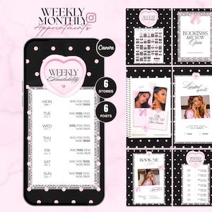 May include: A digital social media template set featuring a black background with pink polka dots, pink heart-shaped accents, and white text. The designs include weekly and monthly appointment schedules, booking announcements, and photo placeholders.