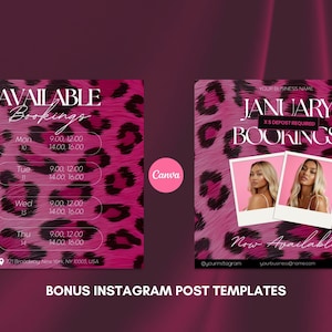 May include: Pink leopard print Instagram post templates with the text "AVAILABLE Bookings" and "JANUARY BOOKINGS". Includes time slots and a photo. The bottom text reads "BONUS INSTAGRAM POST TEMPLATES".