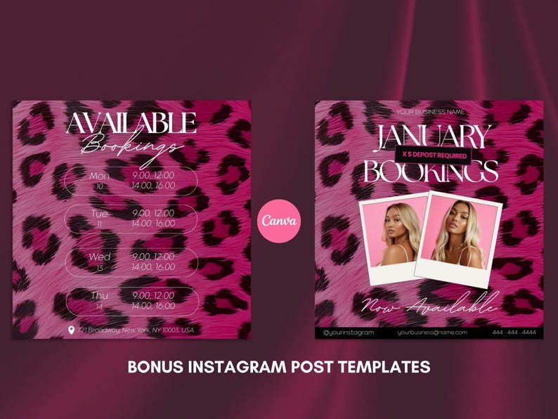 May include: Pink leopard print Instagram post templates with the text "AVAILABLE Bookings" and "JANUARY BOOKINGS". Includes time slots and a photo. The bottom text reads "BONUS INSTAGRAM POST TEMPLATES".