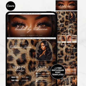 Puede incluir: Plantilla de marketing digital para extensiones de pestañas, con un fondo de estampado de leopardo. El diseño incluye el texto "lashed by Rihanna" e información de contacto. Incluye plantillas de publicación de Instagram.