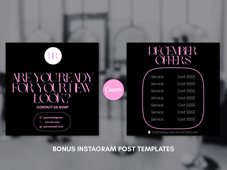 Pode incluir: Modelos de posts do Instagram em preto e rosa. Um modelo diz: "Voc&ecirc; est&aacute; pronto para o seu novo visual? Entre em contato conosco agora!" com informa&ccedil;&otilde;es de contato. O outro modelo lista as ofertas de dezembro. Modelos de posts b&ocirc;nus do Instagram.