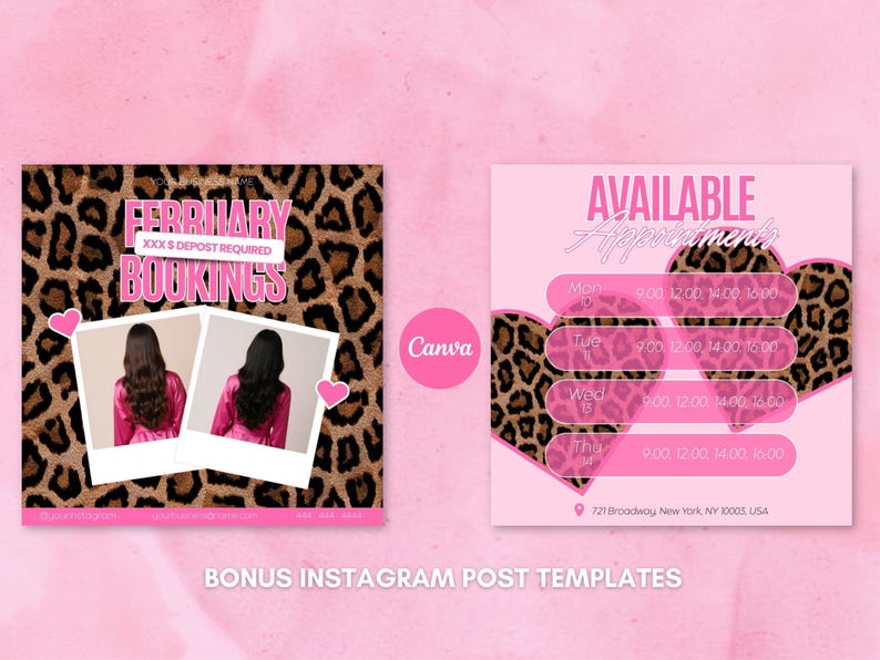 May include: Pink and brown Instagram post templates with leopard print and text. One template says "February Bookings" with photos and hearts. The other says "Available Appointments" with a schedule and heart shapes.