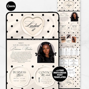 Könnte beinhalten: Digitales Marketing-Template für Wimperntechnikerinnen mit einem schwarz-weißen Polka-Dot-Design. Die Vorlage enthält den Text "Lashed It", Geschäftszeiten, Kontaktinformationen und ein Foto einer Wimperntechnikerin.