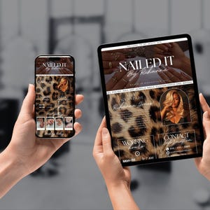 May include: A smartphone and tablet displaying a website for a nail stylist. The website features a leopard print background and the text "Nailed It By Rihanna." The website showcases nail art, acrylic nails, and custom press-ons.