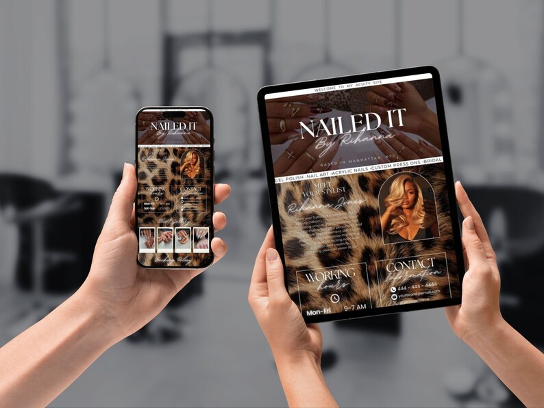 May include: A smartphone and tablet displaying a website for a nail stylist. The website features a leopard print background and the text "Nailed It By Rihanna." The website showcases nail art, acrylic nails, and custom press-ons.