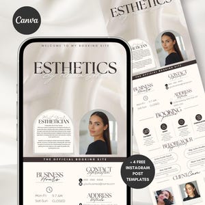 Könnte beinhalten: Digitales Marketing-Design für eine Kosmetikerin, mit einem Smartphone, das eine Buchungsseite anzeigt, und einem Flyer mit Kontaktinformationen und Instagram-Post-Vorlagen. Das Design ist in neutralen Tönen gehalten.