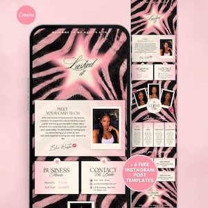 Peut inclure: Un modèle de site web numérique pour technicien de cils avec un fond imprimé zèbre rose et noir. La mise en page comprend des sections pour les heures d'ouverture, les coordonnées, une biographie avec photo et les politiques, avec le texte Lashed it.