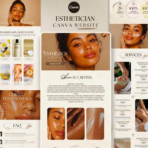 May include: A website design for an esthetician, featuring images of skincare products and a woman with glowing skin. The design includes text such as "Esthetics with Blair" and "Skin but, BETTER". The color palette is neutral with beige and brown tones.