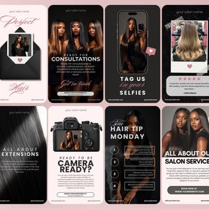 Könnte beinhalten: Eine Sammlung von Werbegrafiken für einen Friseursalon, die Bilder von langem, gestyltem Haar, Selfies und Texte wie "Perfect Hair", "Ready for Consultations" und "All About Extensions" zeigen. Das Farbschema ist hauptsächlich Schwarz, Weiß und Rosa.