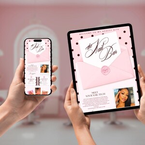 May include: A smartphone and a tablet displaying a digital booking site for The Nail Bar. The interface features a pink envelope graphic with a wax seal, black polka dots on a light pink background, and a photograph of a nail technician.