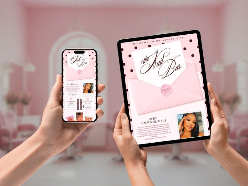 May include: A smartphone and a tablet displaying a digital booking site for The Nail Bar. The interface features a pink envelope graphic with a wax seal, black polka dots on a light pink background, and a photograph of a nail technician.