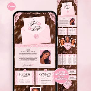 May include: A digital template for a lash technician website featuring a pink envelope with the text Just Lashes, a Meet Your Lash Tech section with a photo, business hours, contact information, and a pink circular badge stating 6 Free Instagram Post Templates.