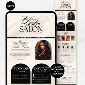 Könnte beinhalten: Digitales Marketing-Template für "The Lash Salon" mit cremefarbenem und schwarzem Farbschema. Das Design umfasst den Namen des Salons, Kontaktinformationen, Geschäftszeiten und ein Foto der Wimperntechnikerin. Es bietet auch kostenlose Instagram-Post-Vorlagen.