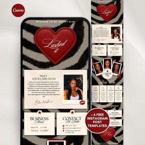 Op de afbeelding: Een digitaal sjabloon voor een Acuity-boekingssite met een zebraprint-achtergrond, een rood hart-icoon met de tekst Lashed it, en secties voor openingstijden, contactgegevens en profielen van wimperstylisten met rode lippen-iconen.