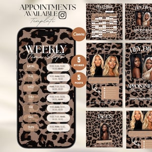 May include: A digital template set with a leopard print background. The set includes a phone screen displaying weekly time slots, and several social media post templates with images of women.
