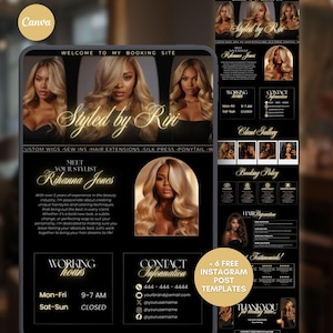 May include: A black and gold digital marketing template for a hair stylist, featuring the text "Styled by Riri" and "Rihanna Jones." The design includes images of hairstyles, contact information, and booking details. The template also offers free Instagram post templates.