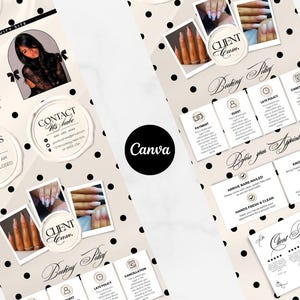 May include: A promotional graphic for a nail technician, featuring a headshot, business information, and client testimonials. The design includes images of manicured nails, polka dots, and the text "Booking Today."