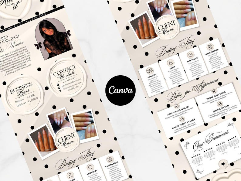 May include: A promotional graphic for a nail technician, featuring a headshot, business information, and client testimonials. The design includes images of manicured nails, polka dots, and the text "Booking Today."