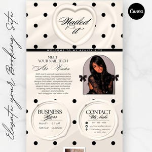 May include: A promotional flyer for a nail technician, featuring a heart-shaped logo with the text "Nailed It." The design includes polka dots, a photo of the nail tech, and contact information. The text "Elevate your Booking Site" is written in cursive.