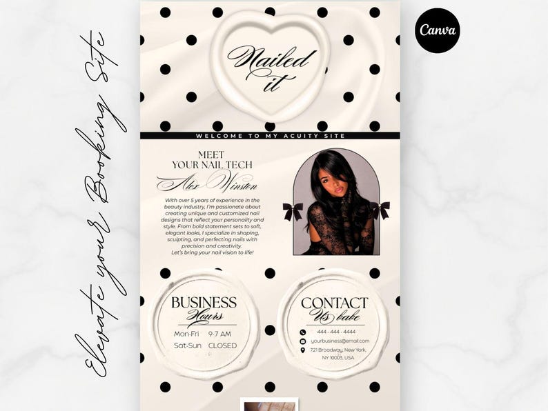 May include: A promotional flyer for a nail technician, featuring a heart-shaped logo with the text "Nailed It." The design includes polka dots, a photo of the nail tech, and contact information. The text "Elevate your Booking Site" is written in cursive.