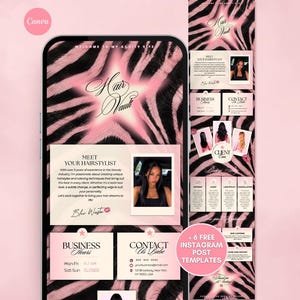 May include: A digital website template for a hair stylist featuring a pink and black zebra print background. The layout includes sections titled Hair Vault, Meet Your Hairstylist, Business Hours, and Contact Us Babe, with placeholders for photos and text.