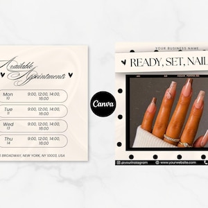 May include: A promotional image for a nail salon. The image features a schedule of available appointments and a close-up of manicured nails. The text reads "Ready, Set, Nailed!" and includes contact information and social media handles.